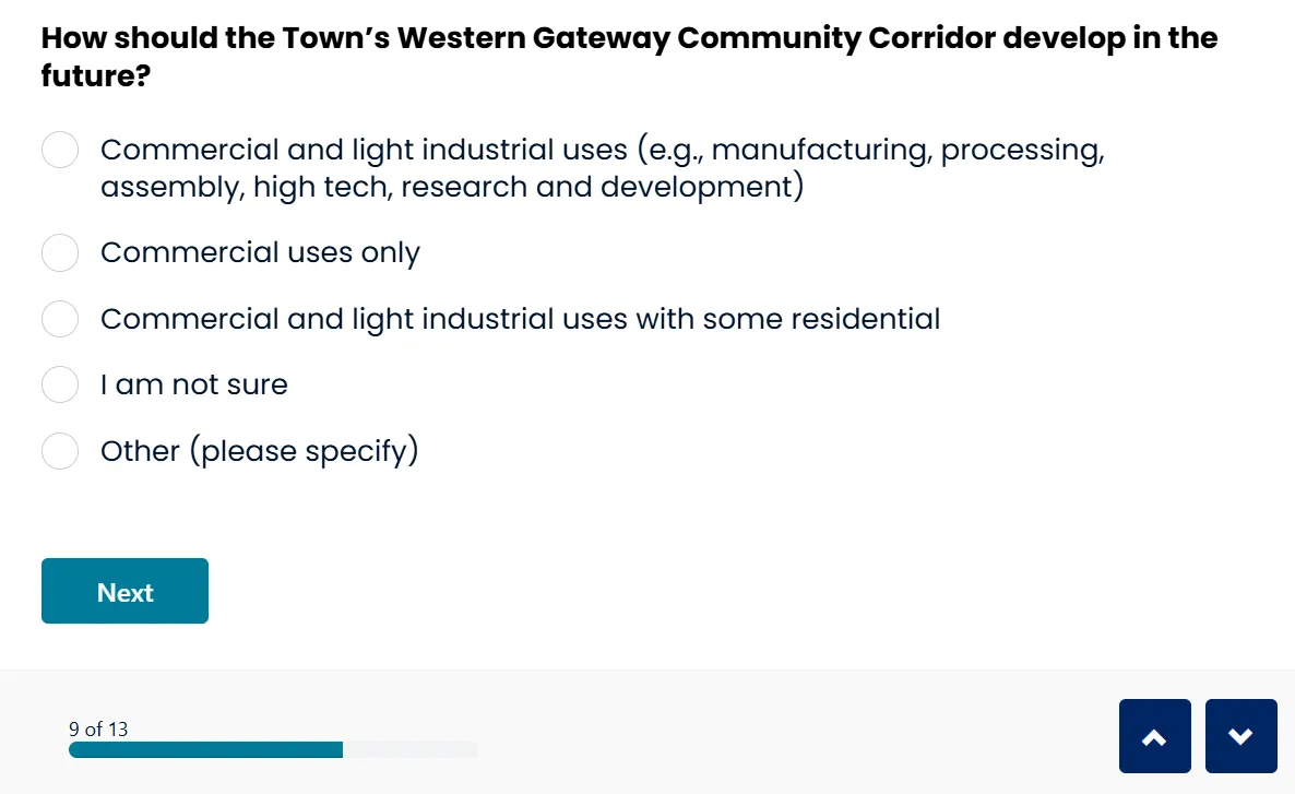 Multiple-choice question on future development of the Western Gateway Community Corridor