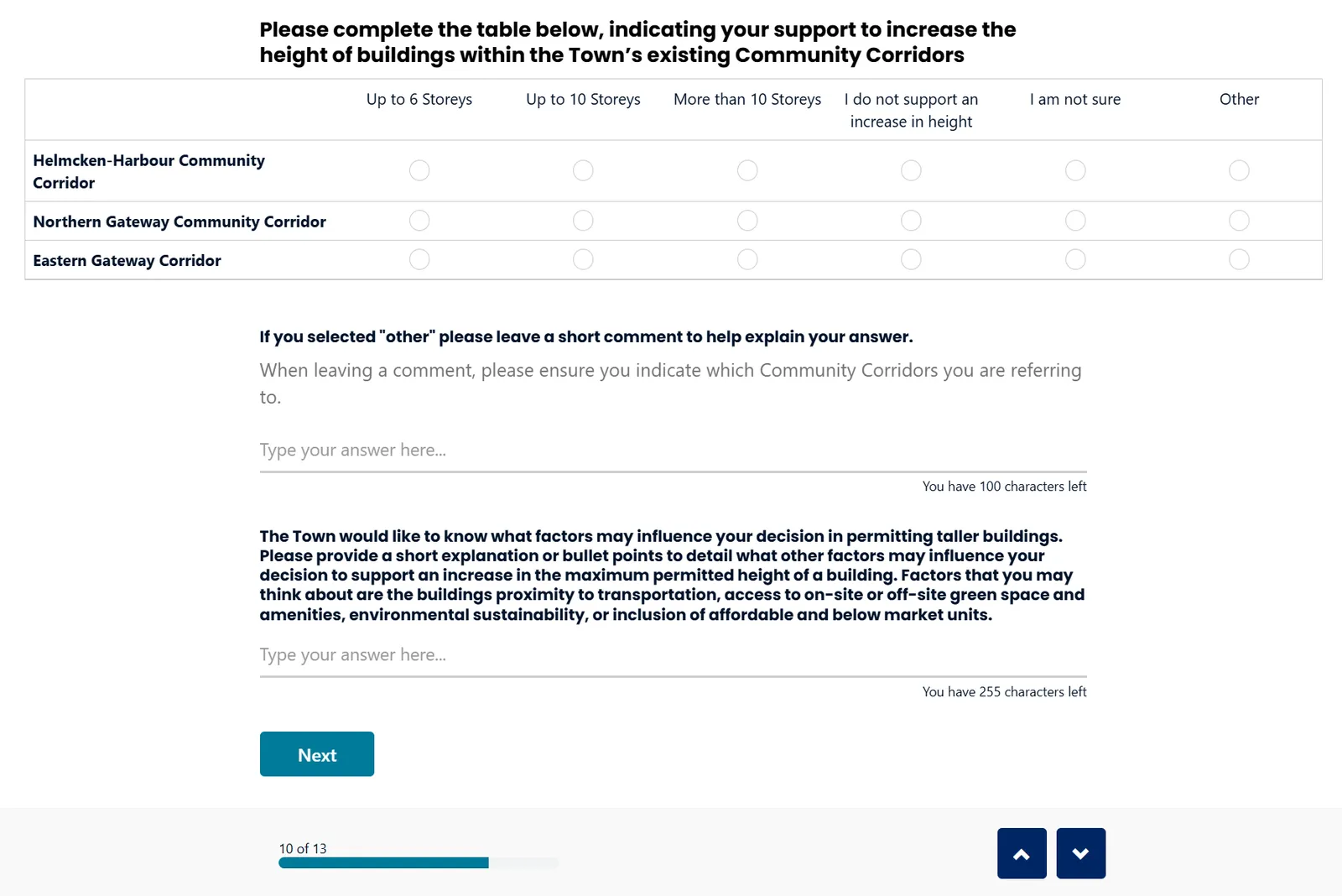 Question table for support level for building heights in Community Corridors and factors influencing decisions