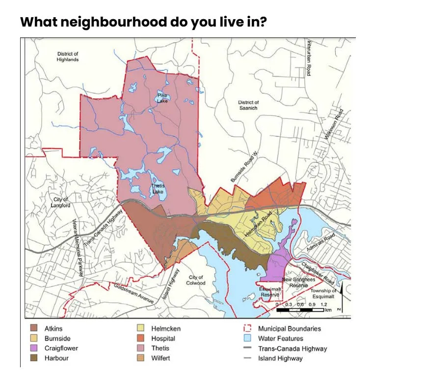Map of Town of View Royal neighbourhoods: Atkins, Burnside, Craigflower, Harbour, Helmcken, Hospital, Thetis, Wilfert