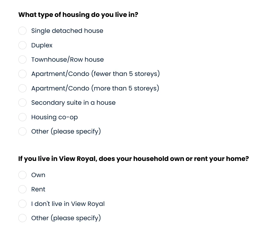 Questions regarding current housing type and tenure