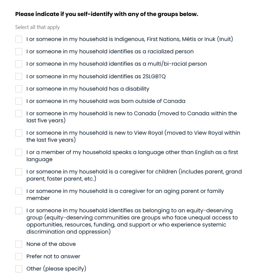 Self-identification question for various demographic and social groups