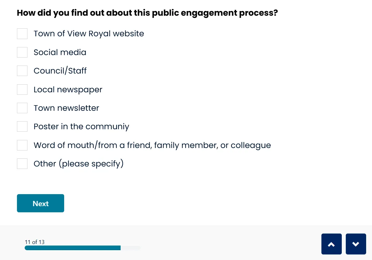 Survey question page for the View Royal 2050 community growth survey.