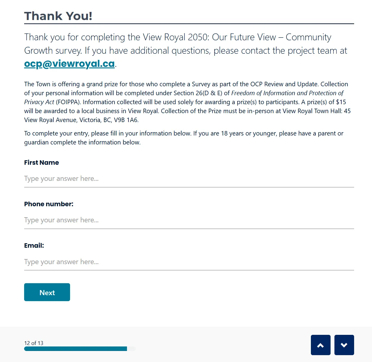Survey completion and prize entry page.