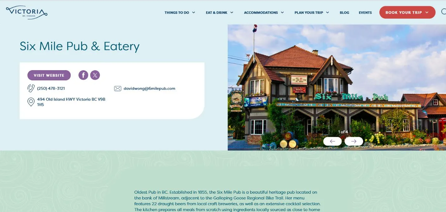 Website for Six Mile Pub & Eatery featuring a photo of the historic building, contact information, and a brief description of its 1855 establishment and heritage status