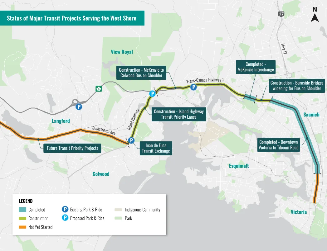 Map showing the status of major transit projects serving the West Shore, including completed, construction, and not yet started phases