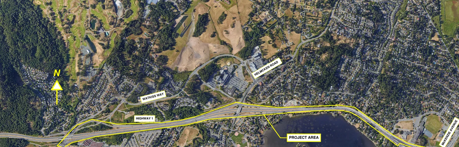 Aerial map of the Highway 1 project area between Watkiss Way and McKenzie Avenue, north section