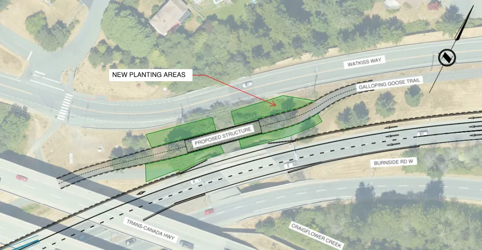 Aerial rendering of the Galloping Goose Trail Bridge area showing the proposed structure and new planting areas near Watkiss Way and Craigflower Creek