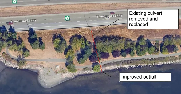 Aerial photo of Portage Inlet Park along the Trans-Canada Highway identifying the location for existing culvert replacement and an improved outfall