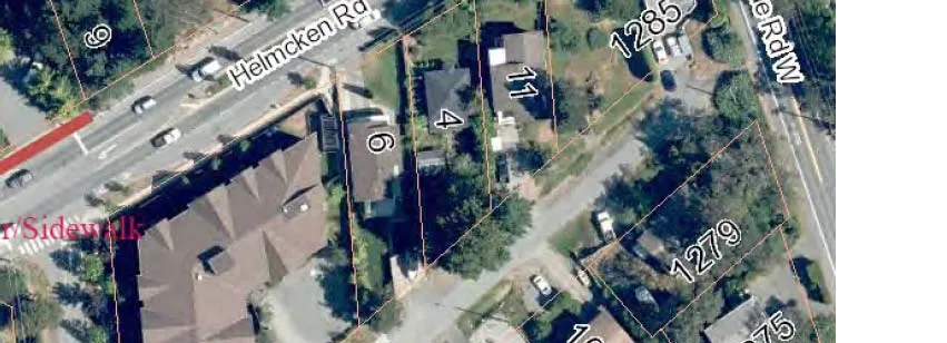 Aerial map showing the north-eastern portion of the project site at the intersection of Helmcken Road and Burnside Road West