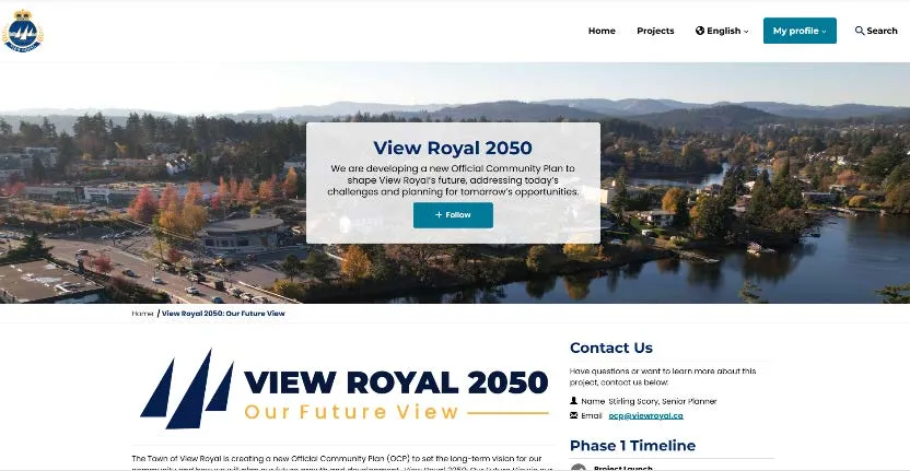 Screenshot of the View Royal 2050 project webpage showing the banner and contact information