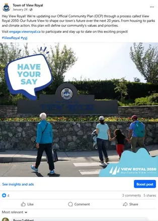 Facebook post from the Town of View Royal dated January 24 promoting the OCP update with the "HAVE YOUR SAY" graphic