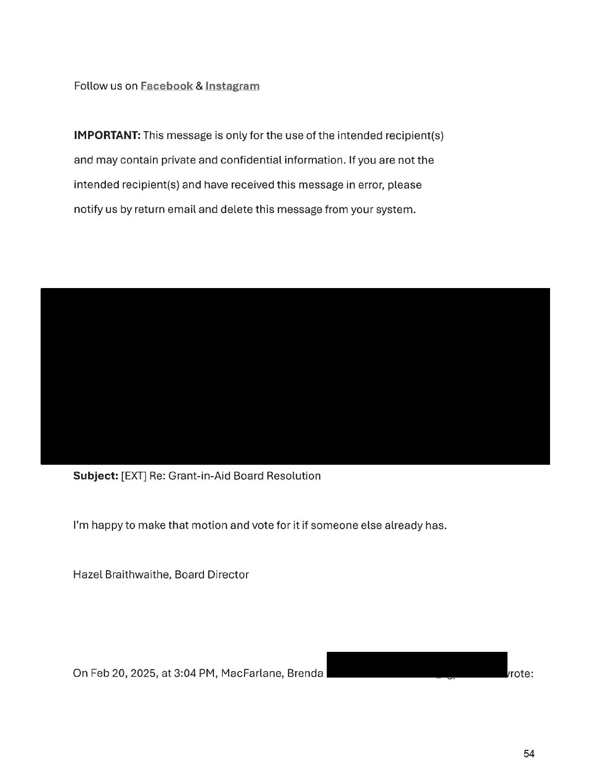 Email from Hazel Braithwaithe regarding Grant-in-Aid Board Resolution