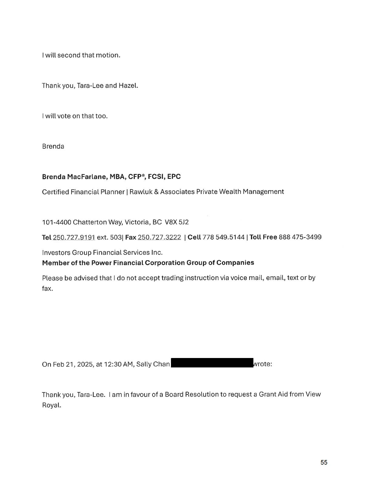 Email from Brenda MacFarlane regarding Grant-in-Aid Board Resolution