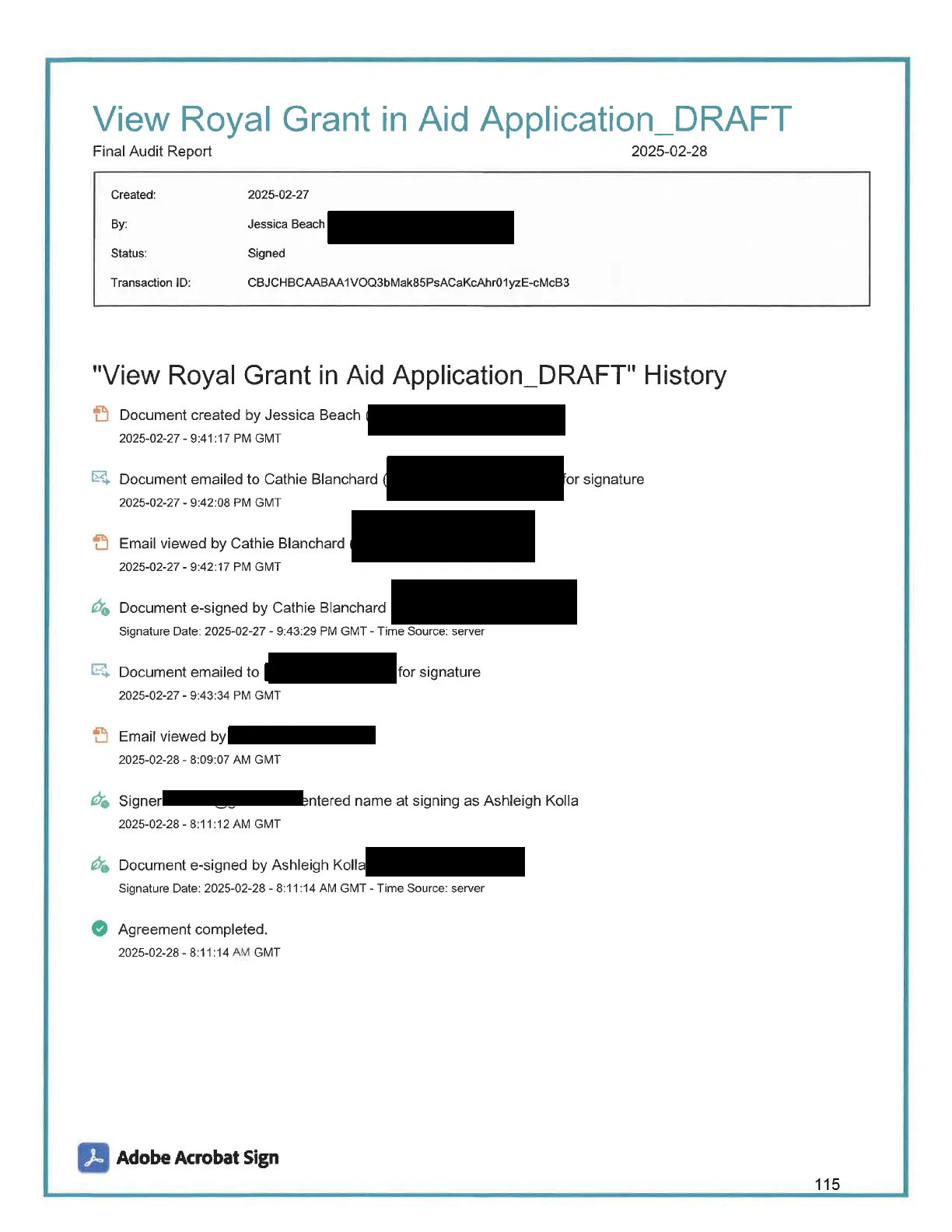 Adobe Acrobat Sign Final Audit Report for "View Royal Grant in Aid Application_DRAFT"