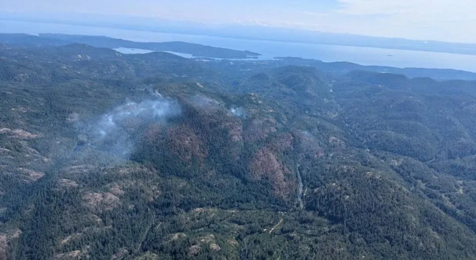 Aerial view of a wildfire with smoke rising from a forested mountain landscape.