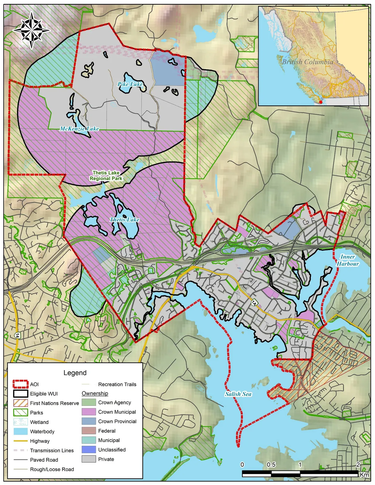 Ownership map of the Area of Interest showing various jurisdictions including Crown Agency, Municipal, Provincial, Federal, and Private lands