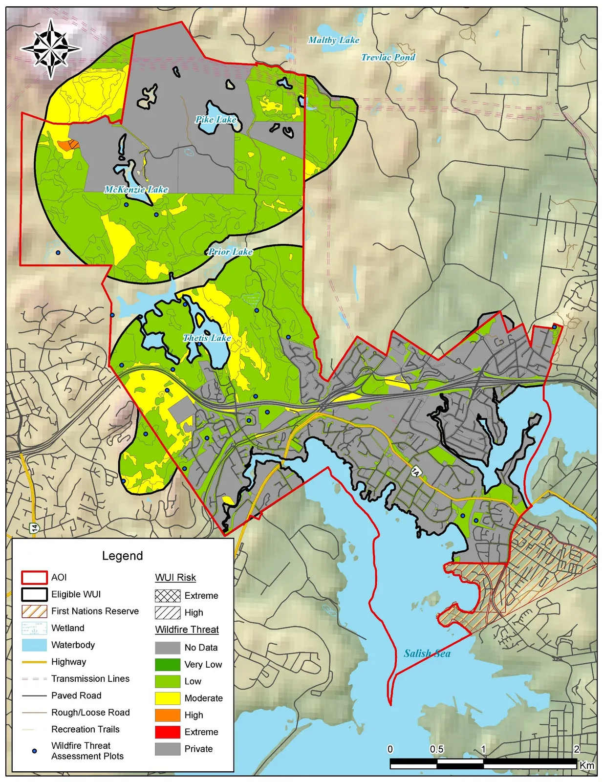 Wildfire Threat map of View Royal showing threat ratings from Very Low to Extreme across the public land areas