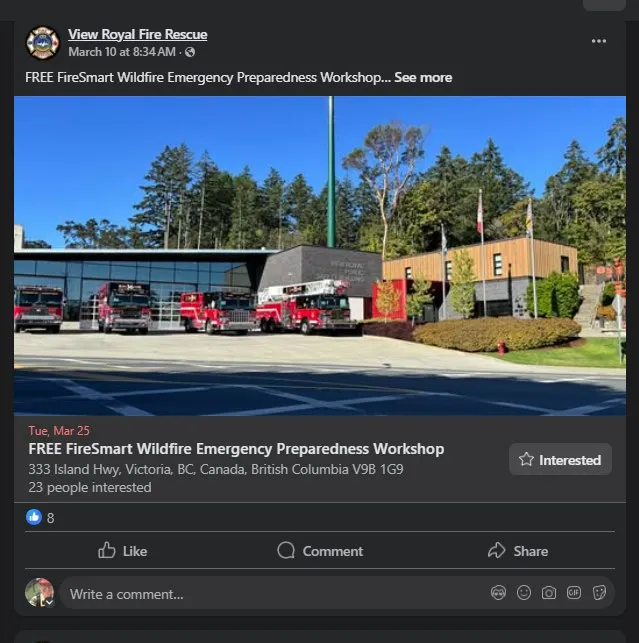 Screenshot of a Facebook post by View Royal Fire Rescue advertising a free FireSmart Wildfire Emergency Preparedness Workshop