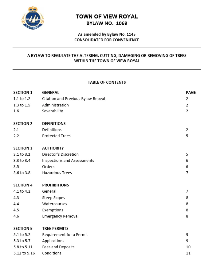 Table of contents for Town of View Royal Bylaw No. 1069, a bylaw to regulate the altering, cutting, damaging, or removing of trees