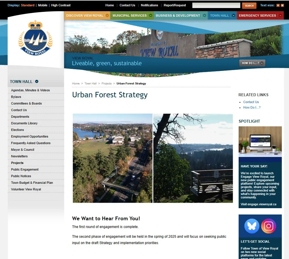 Screenshot of the Town of View Royal website showing the Urban Forest Strategy project page