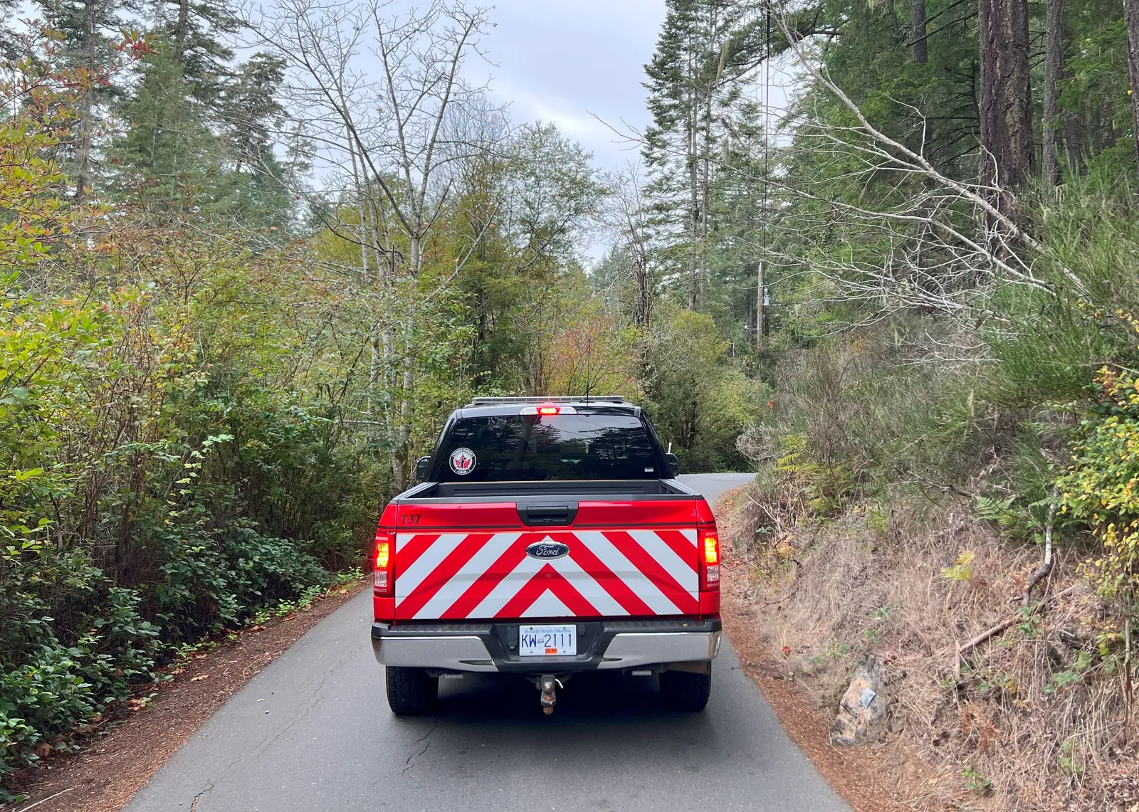 View Royal Fire Rescue pickup truck with high-visibility chevron markings driving on a narrow road