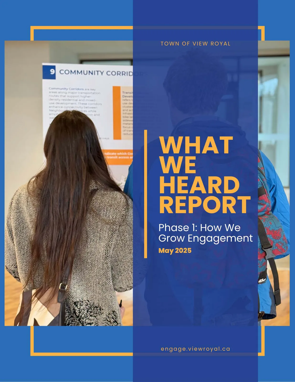 Cover page of the "What We Heard Report" for Phase 1 of the View Royal Official Community Plan update, featuring a photo of people looking at informational boards at an engagement event.