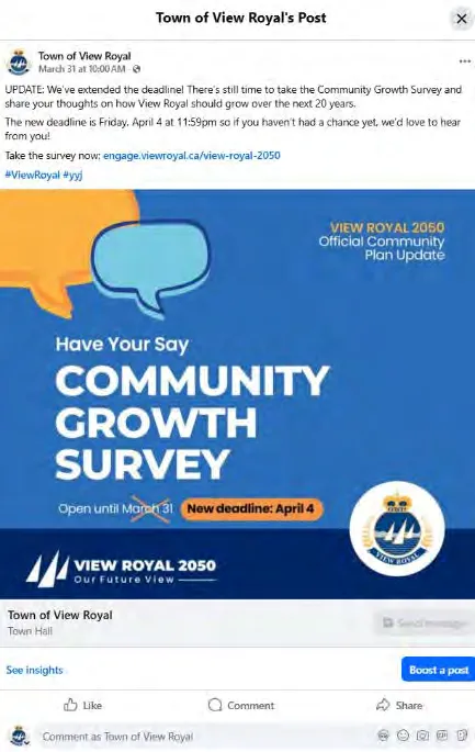 Screenshot of a Facebook post from the Town of View Royal on March 8, thanking participants of the Land Use & Housing Workshop and promoting the ongoing Open House.