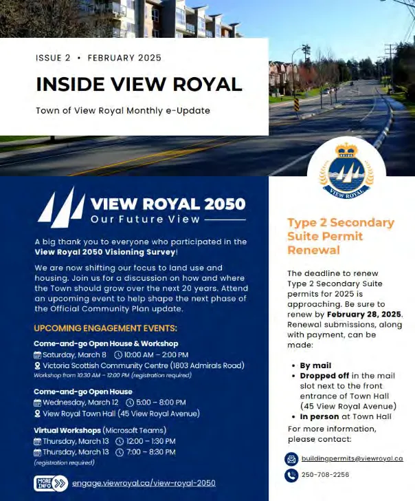A informational graphic titled "WE'RE UPDATING OUR OFFICIAL COMMUNITY PLAN" detailing upcoming engagement events, including open houses and workshops in March 2025.