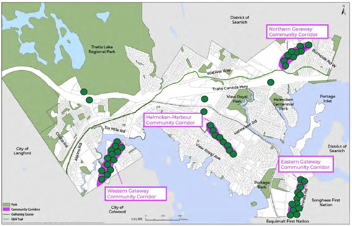 Digitized map showing preferred locations for a Town Centre, with dots concentrated at Fort Victoria RV Park and along Island Highway.