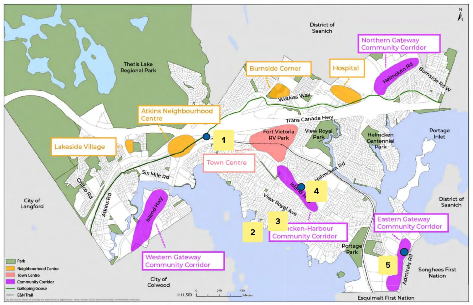 Detailed collage map of View Royal showing all pin responses for survey Questions 7 and 8 and the SocialMap tool. Inset maps focus on neighborhood clusters in Wilfert, Atkins, Burnside, Hospital, Craigflower, Helmcken, and Harbour.