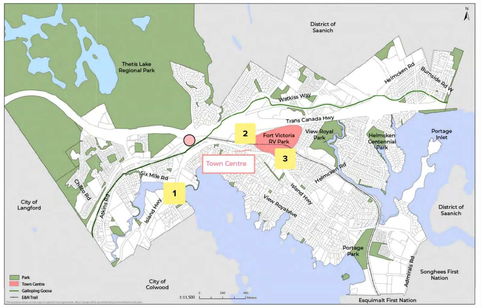 Map of View Royal displaying the pins from the SocialMap indicating where participants support or oppose growth, with blue pins for "Add Density Here" and orange pins for "No Density Here".