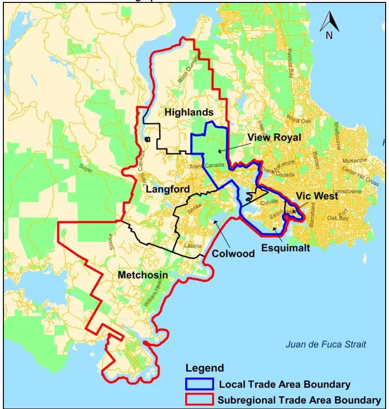 Map showing boundaries of the Local Trade Area and Subregional Trade Area for View Royal, including surrounding municipalities like Highlands, Langford, Colwood, Metchosin, Esquimalt, and Vic West