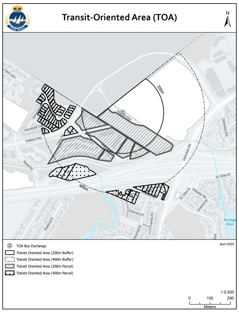 Transit-Oriented Area (TOA) Map showing 200m and 400m buffers around the TOA Bus Exchange