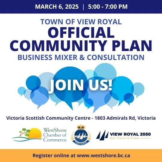Promotional flyer for the Official Community Plan Business Mixer & Consultation.