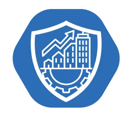 Shield icon containing a cityscape, growth arrow, and gear