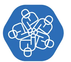 Five figures joined in a circular group icon