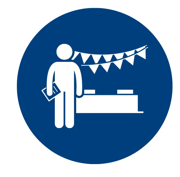 Stylized figure at a decorated booth or table icon