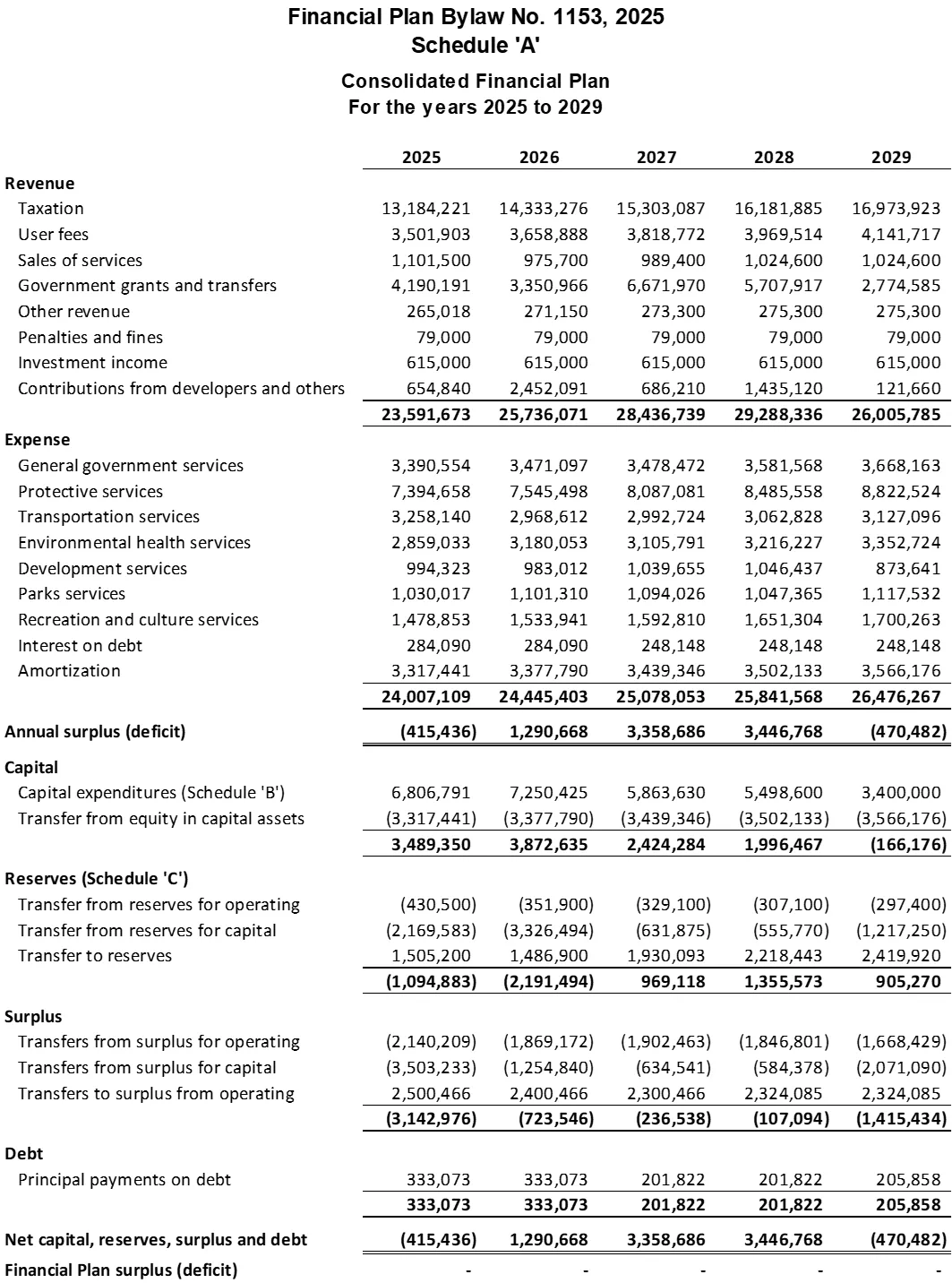 Table showing the Consolidated Financial Plan for the years 2025 to 2029, including sections for Revenue, Expense, Capital, Reserves, Surplus, and Debt.