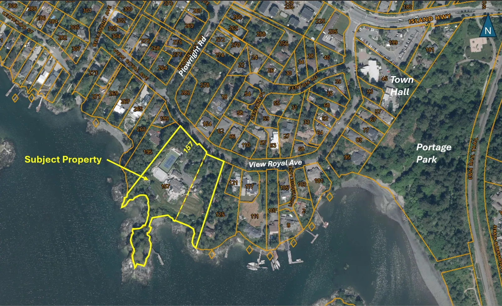 Aerial photo of the subject property at 157 View Royal Ave and the surrounding area including Portage Park and Town Hall