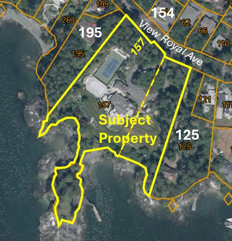 Key map showing the subject property and neighbouring lots at 154, 195, and 125 View Royal Ave