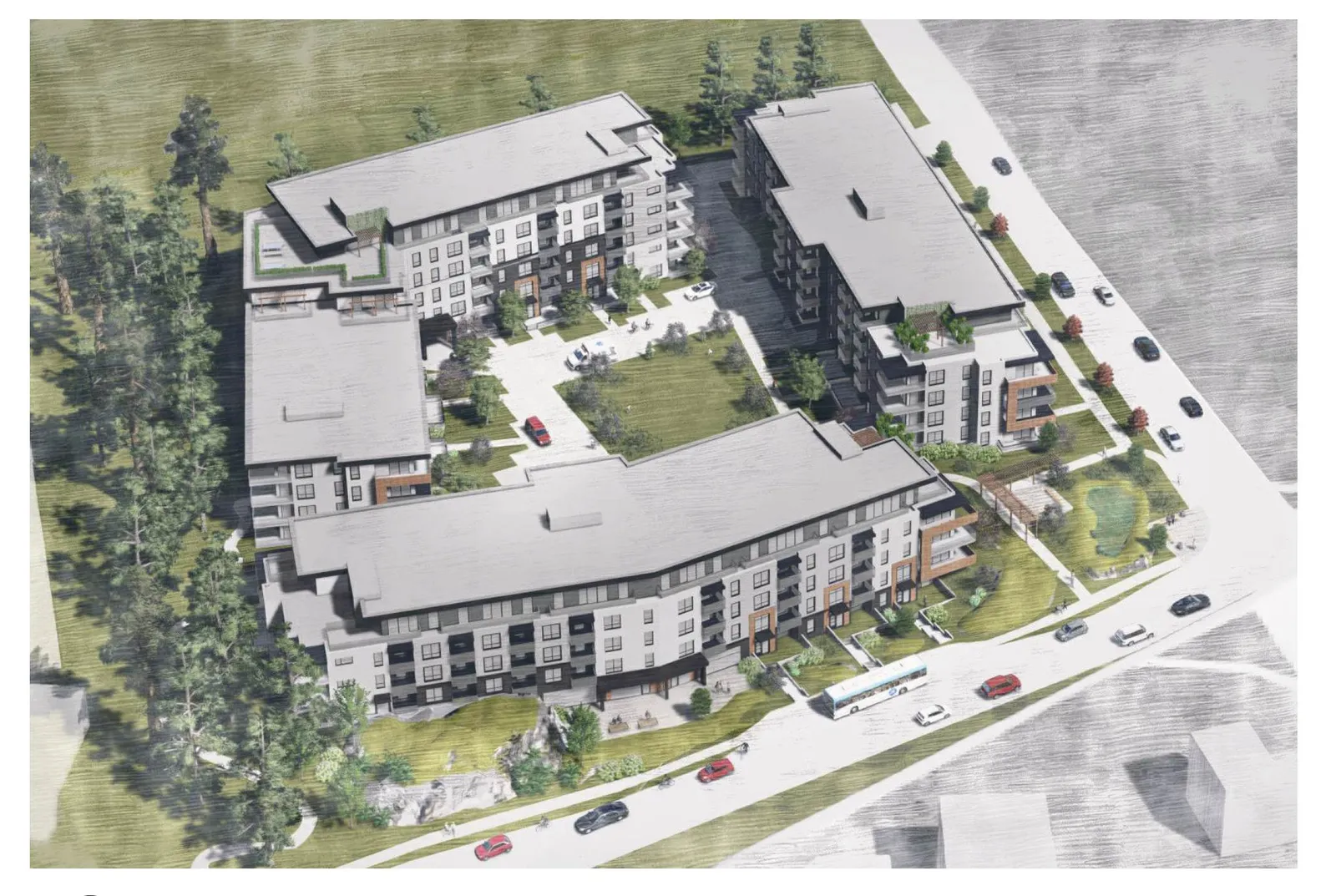 Aerial rendering of the building complex showing the locations for canopy signs A, B, C, and D