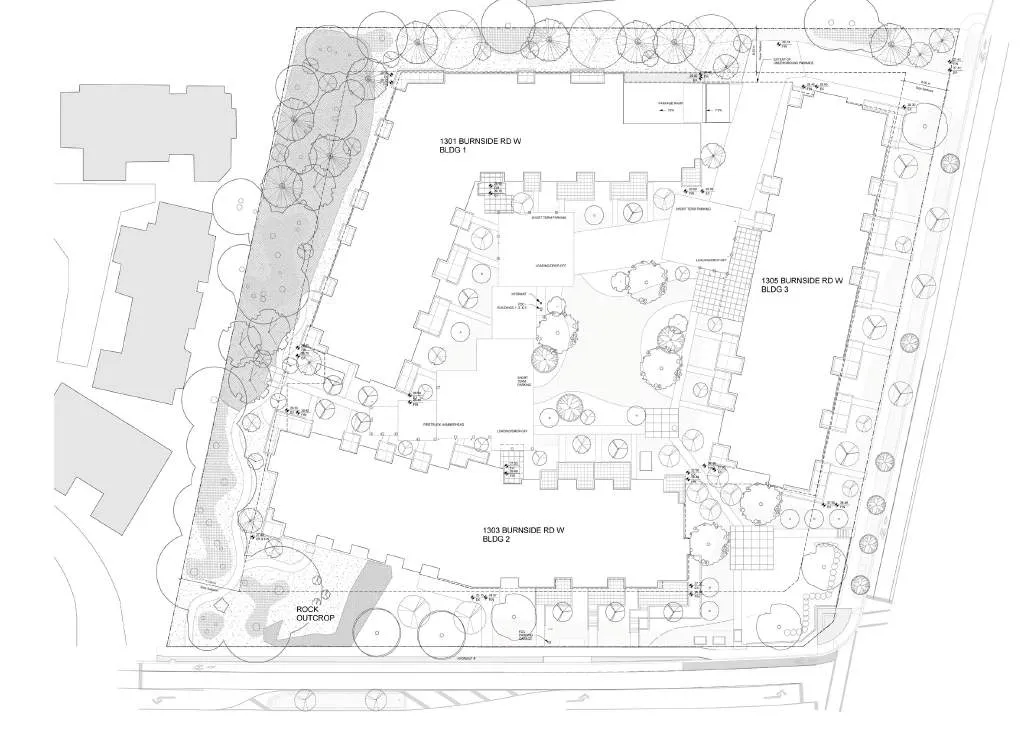 Site plan showing locations of buildings 1, 2, and 3 with sign markers
