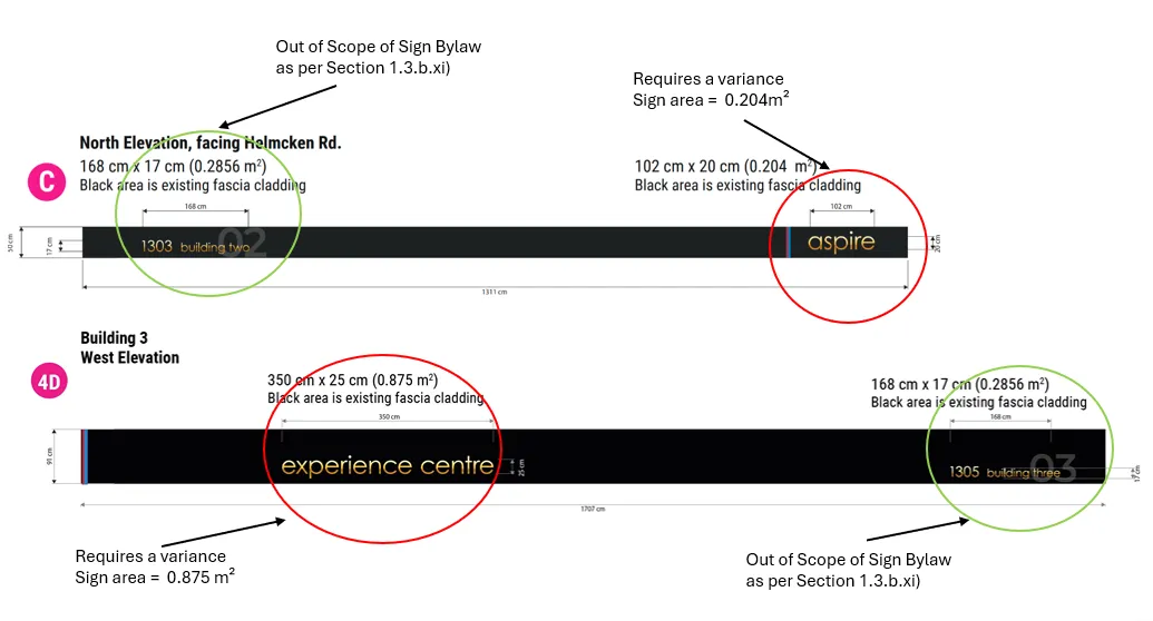 Technical diagram of proposed wall signs 4C and 4D showing dimensions, fascia cladding, and regulatory compliance notes