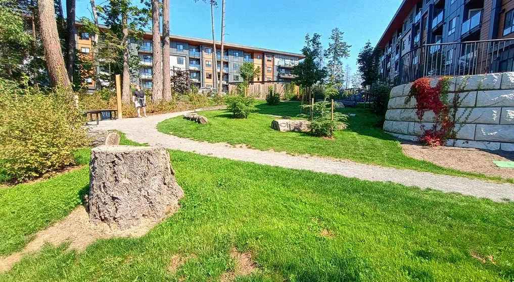 View from Erskine Lane toward the site landscaping and retaining wall