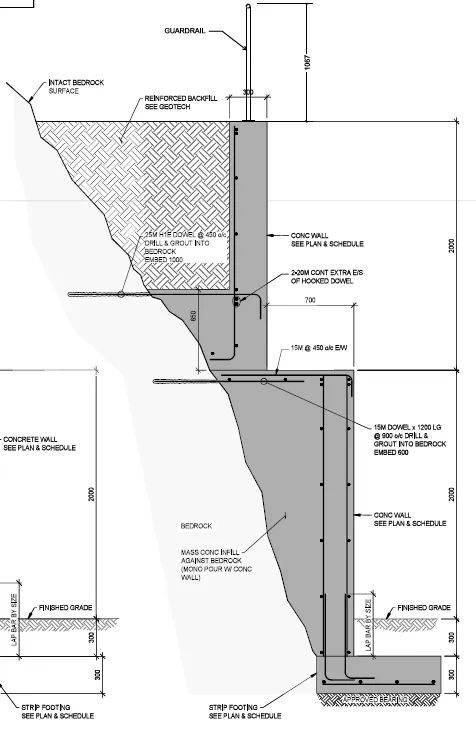 Engineering cross-section detail of the retaining wall behind Building C