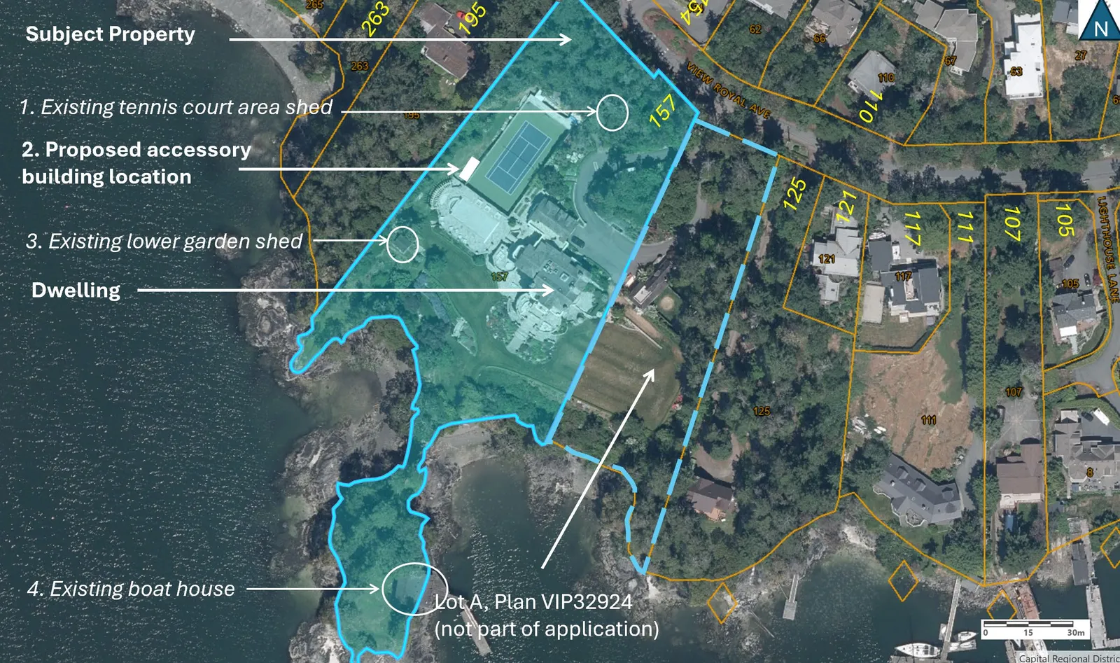 Property location map showing 157 View Royal Avenue and surrounding parcels on Esquimalt Harbour