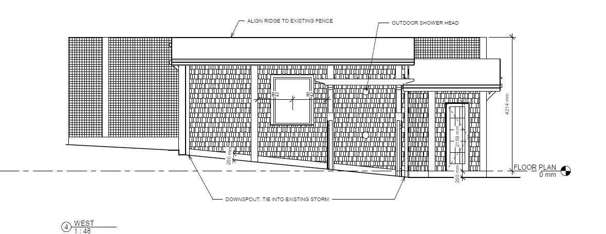 Northwest elevation rendering of proposed accessory building including potting shed and outdoor shower