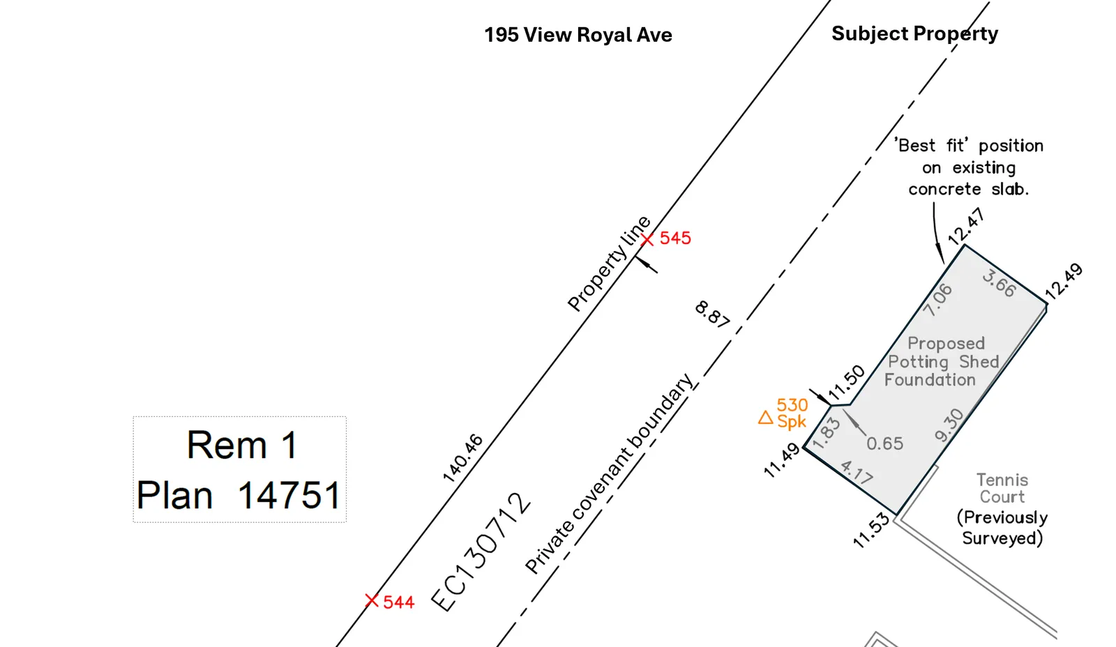 Site plan diagram showing location of proposed potting shed foundation relative to property lines and adjacent tennis court