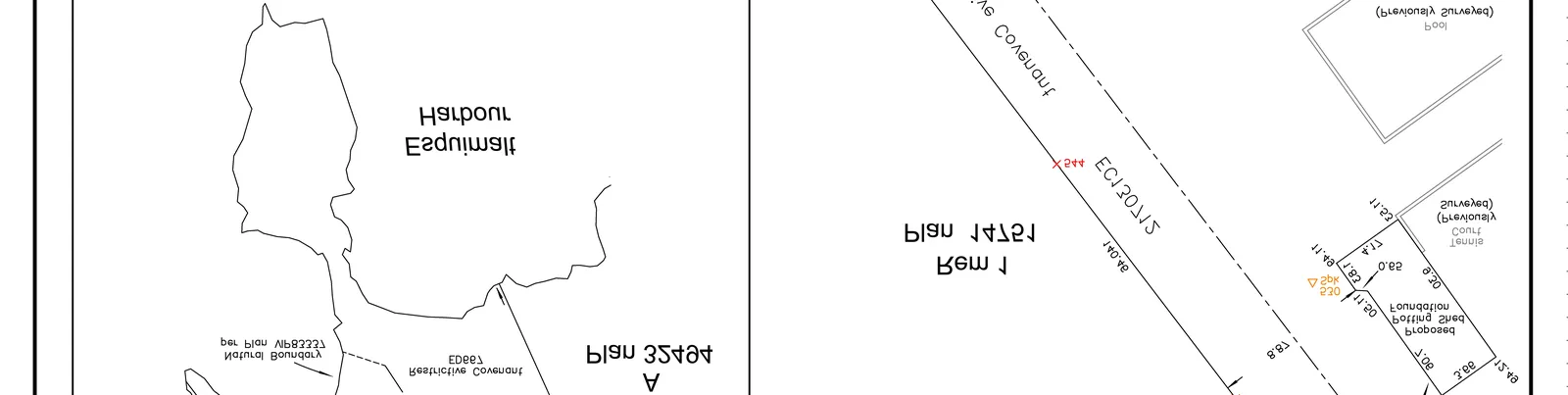 Site layout detail showing the proposed potting shed foundation, tennis court, and pool