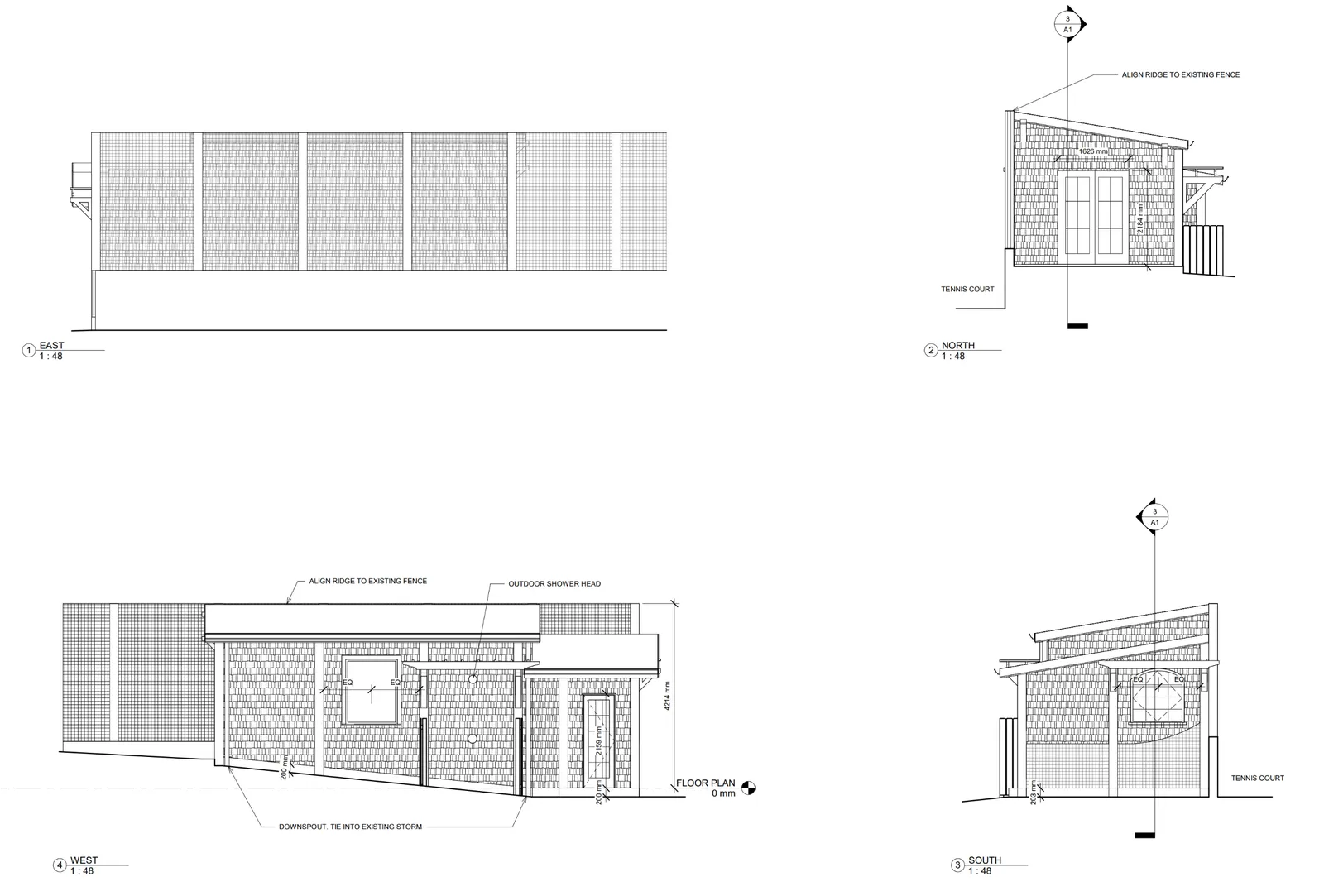 Architectural elevation drawings showing the East, North, West, and South views of the proposed accessory building.